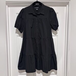 0078- 18 Centimeters Black Tiered Puff Sleeve Shirt Dress Size M